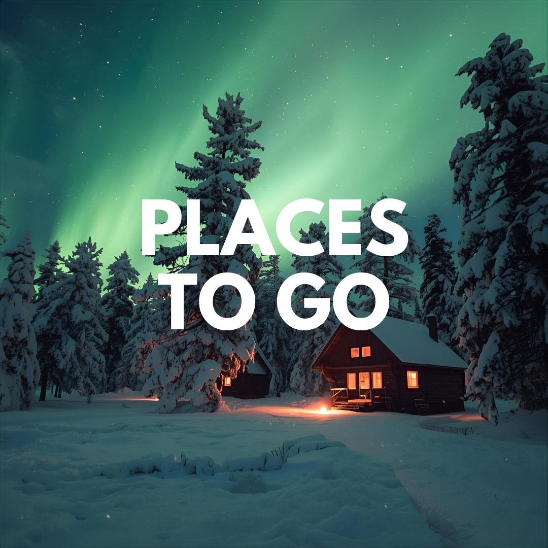 Scenic Lapland landscape with snowy forests, colorful Northern Lights, and a cozy Arctic village glowing in winter twilight.