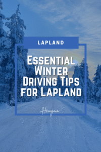 Car driving safely on snowy and icy roads in Lapland, Finland with winter tires, snow-covered landscapes, and Arctic weather conditions.