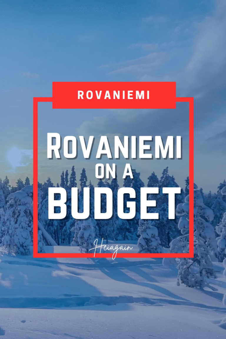 Travelers exploring Rovaniemi, Lapland, Finland on a budget, visiting Santa Claus Village, hiking snowy trails, and watching Northern Lights without tours.