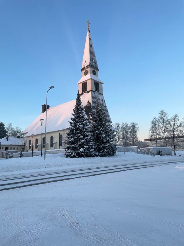 Lapland town center with winter streets and buildings