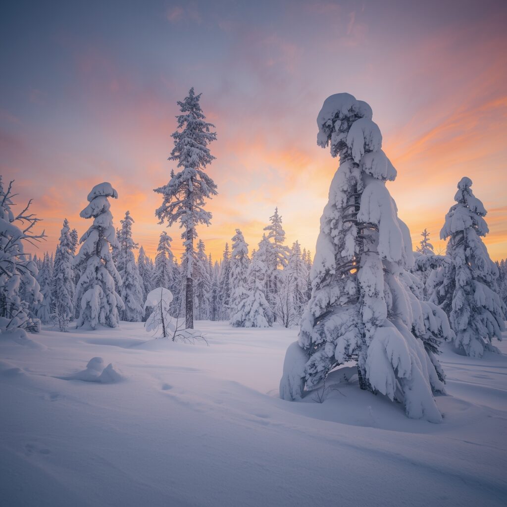 Snowy winter landscape in Finnish Lapland with frozen trees and soft pastel sky