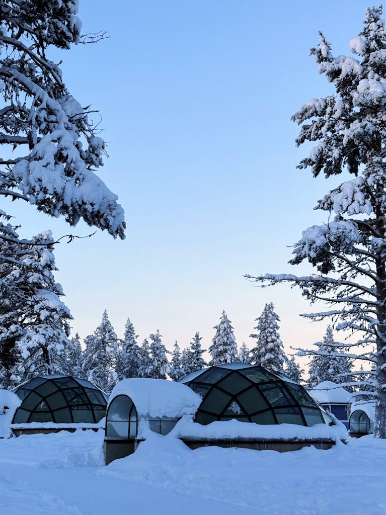 Beautiful winter scene of snow-covered glass igloos in a tranquil forest setting. Glass igloo stay in Lapland