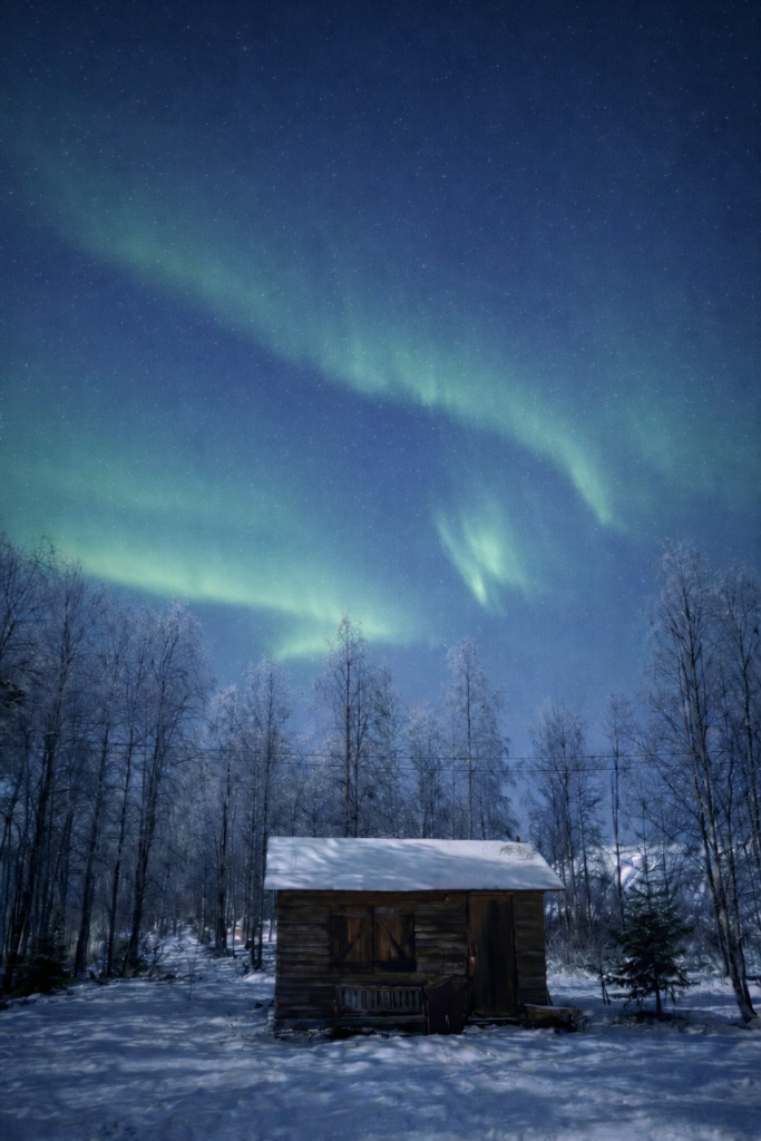 faint northern lights over small cabin in lapland
