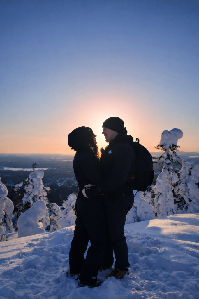 lapland locals in ruka kuusamo enjoying snowy view.