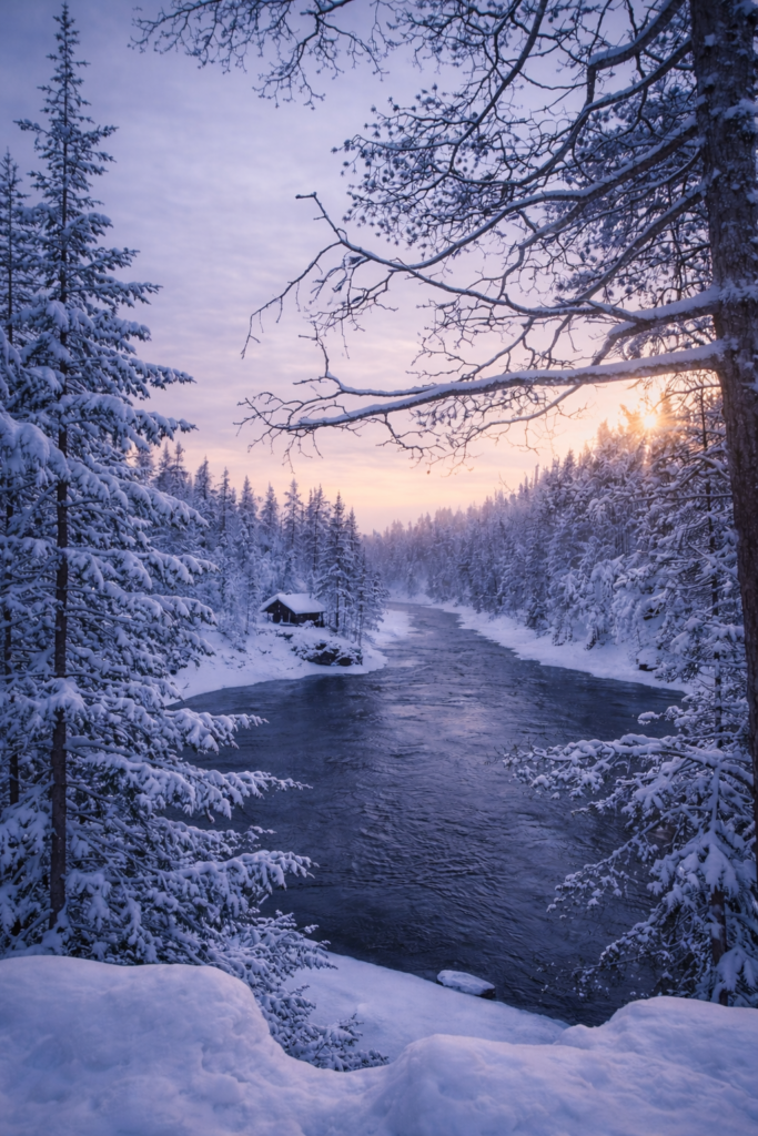 Quiet winter scenery in Lapland with snow, trees, and soft Arctic light
