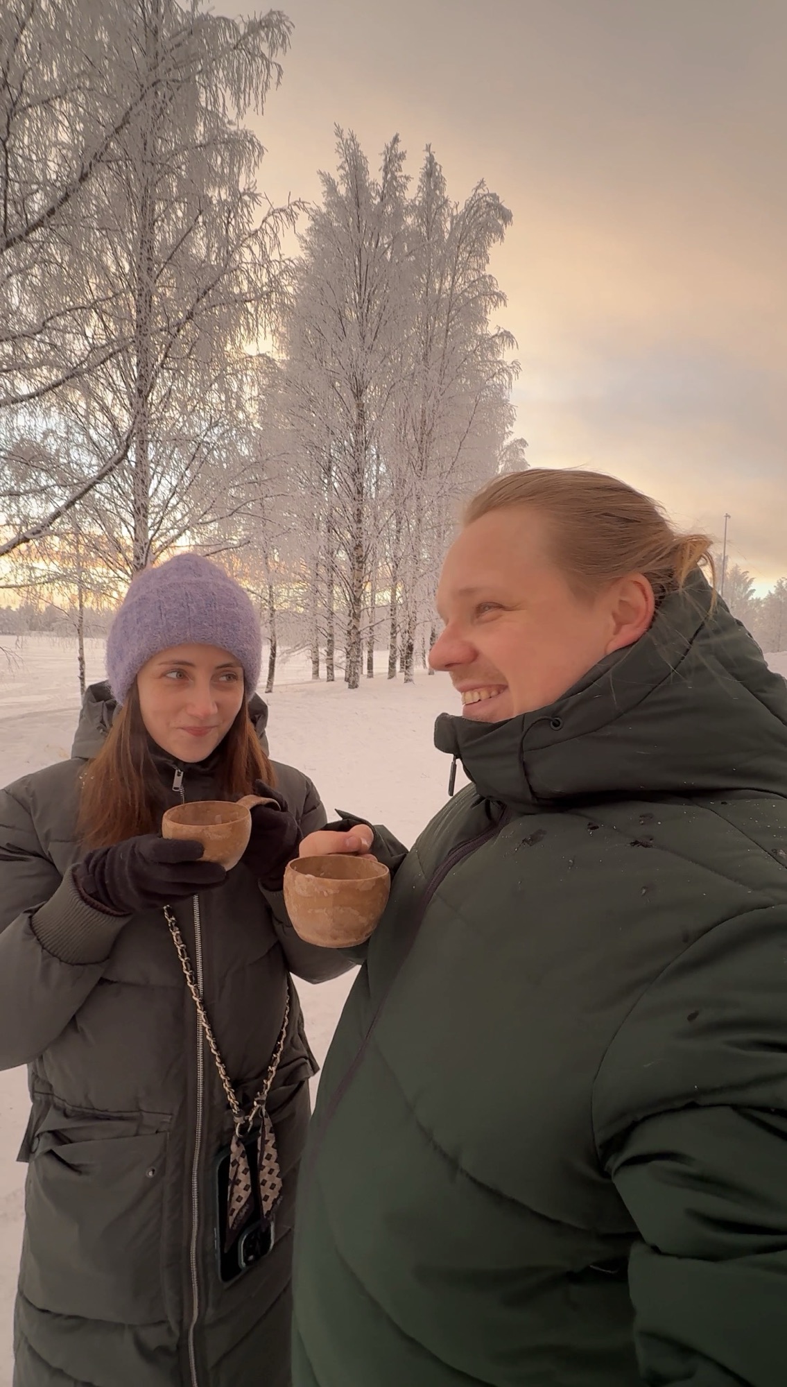 Locals from Lapland enjoying hot chocolate outdoors