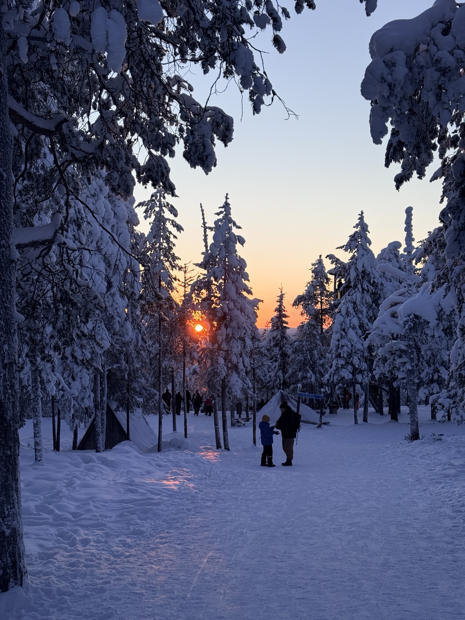 Ounasvaara sunset in February. Glowing sky in Lapland
